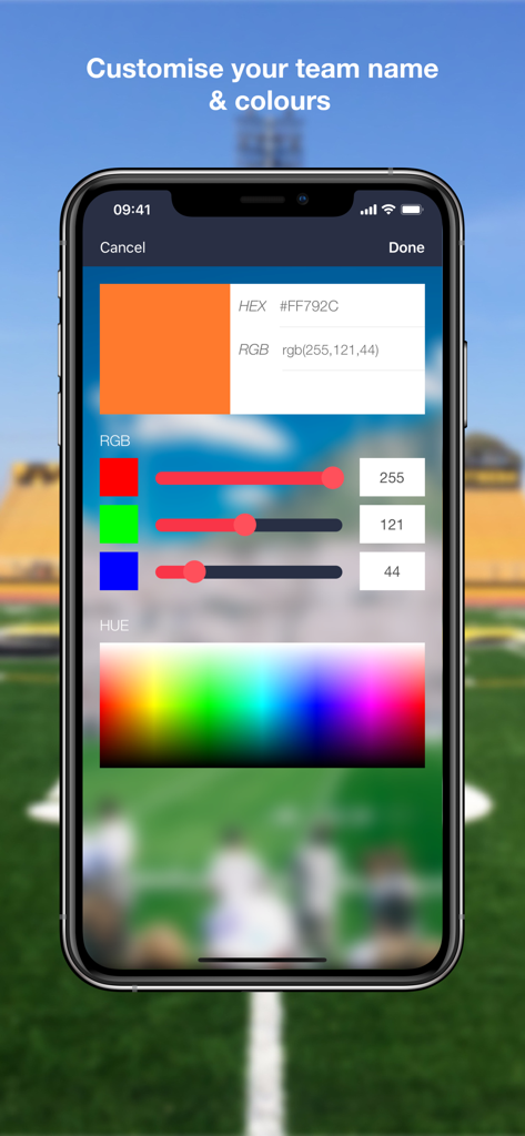 Scoreboard | Score keeper - A screenshot of the Scoreboard app color picker interface for customizing team names and colors