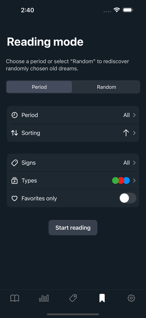 Dreams: Your dream journal - Interfaz de modo de lectura en la aplicación Dreams que muestra filtros para ordenar por período y signos de sueños