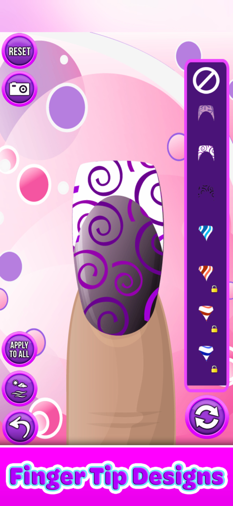 Nail Salon - Paint & Decorate - A digital nail with purple swirl patterns and a side menu showing different patterned tip options in a salon simulation app.