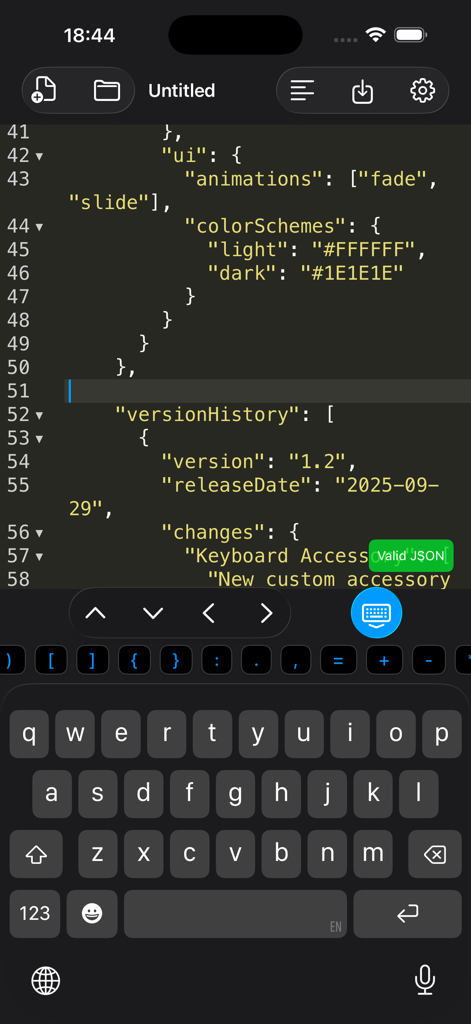 JSONCraft mobile app interface showing a JSON editor with syntax highlighting and a valid JSON status badge on iPhone