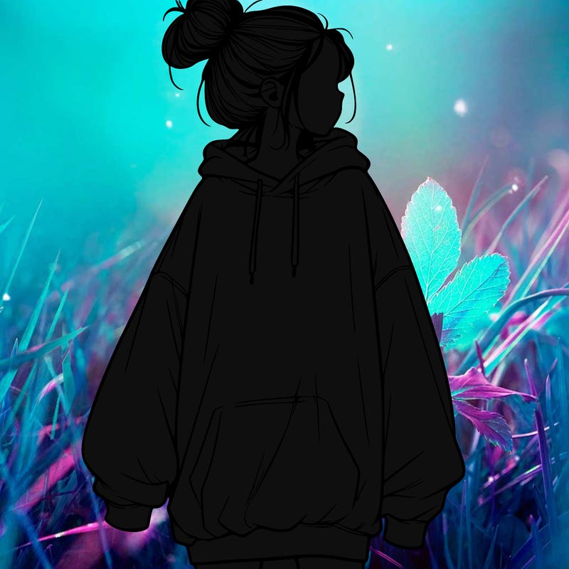 realistic girl with a oversized sweatshirt on and a bun