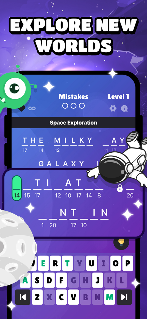 Pantalla del juego de puzles de palabras Cryptogram que muestra un nivel temático de exploración espacial con un astronauta y un alienígena