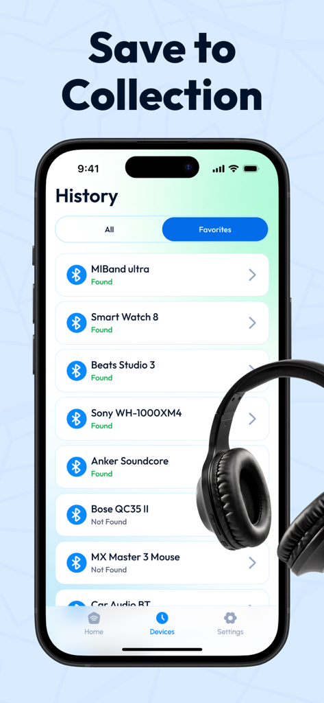 A smartphone screen showing a list of favorite tracked Bluetooth devices within the app history.