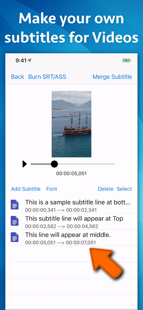 Video Subtitle Hardcoder - Interface of the Video Subtitle Hardcoder app showing how to add and position custom text subtitles with timestamps on a video.