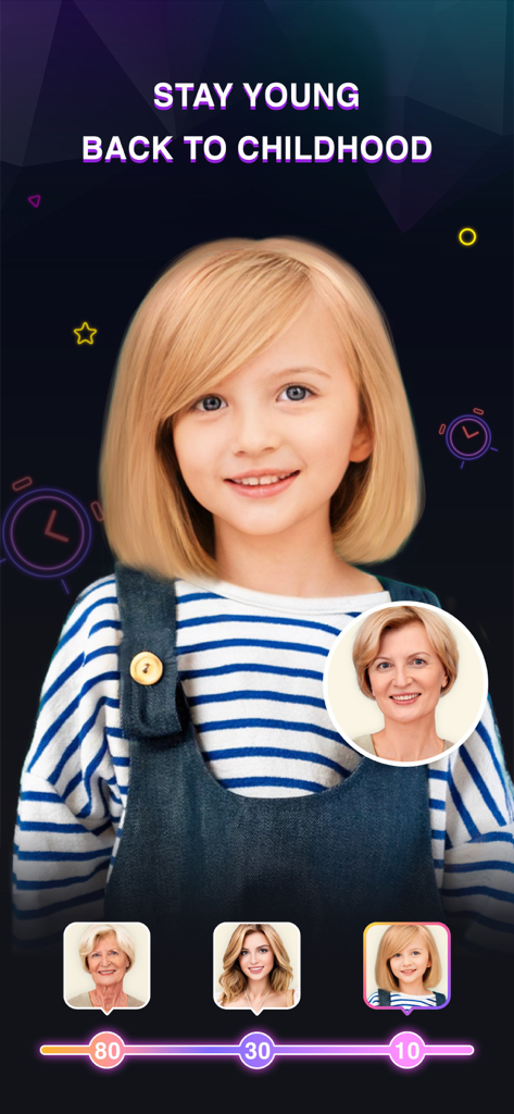 OPixels app interface demonstrating an aging filter that transforms an older woman into a young girl with the text Stay Young Back To Childhood