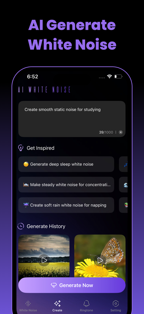 Interfaz de aplicación móvil para crear ruido blanco personalizado con IA para concentración y sueño.