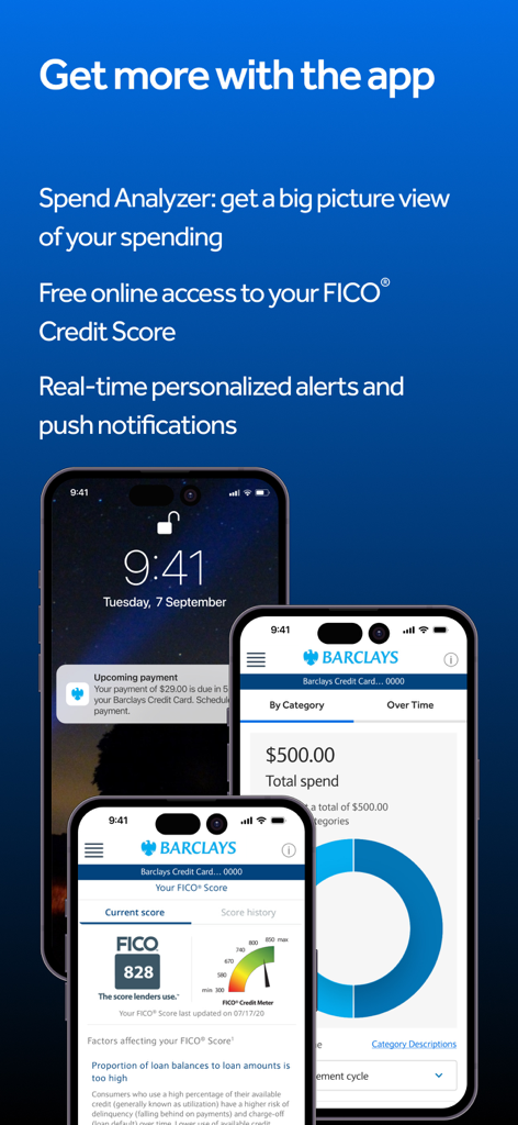 Screenshots of the Barclays US app highlighting the FICO credit score tracker and spend analyzer dashboard.