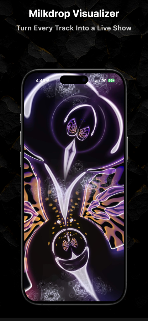 A smartphone displaying a colorful Milkdrop music visualizer in the OfflineTunes app