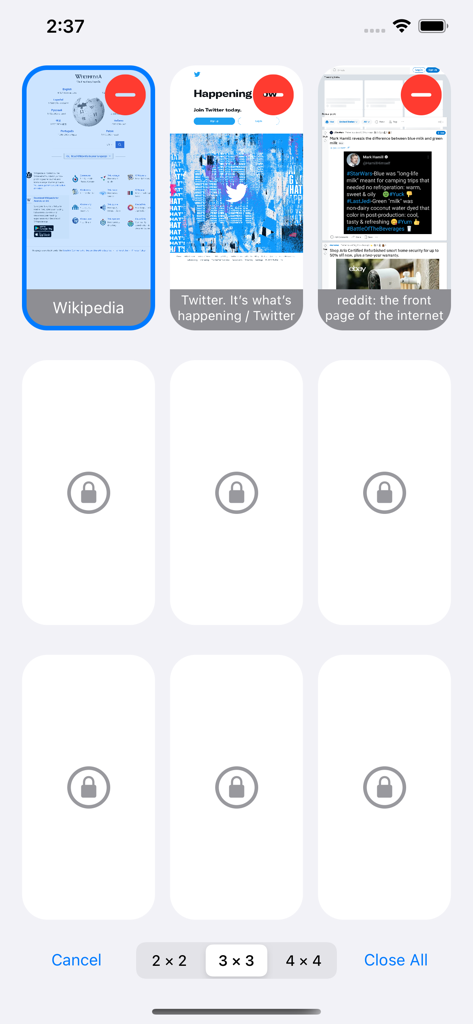 Desktop Browser • Zoomable - Interface of the Desktop Browser app showing a multi tab grid layout with thumbnails of Wikipedia and Twitter