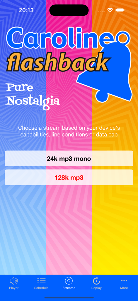 Caroline Flashback radio app stream quality selection screen