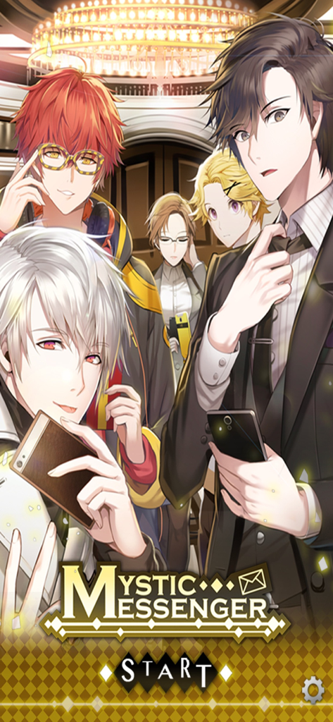 Title screen of Mystic Messenger game featuring five anime style characters holding mobile phones