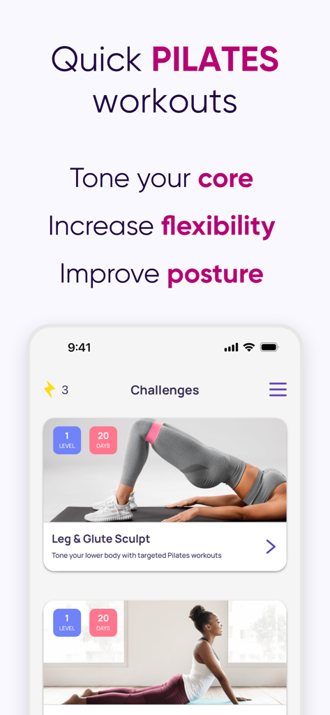 5 Minute Pilates Workout - Interfaz de la aplicación que muestra desafíos rápidos de Pilates para tonificación del core y flexibilidad