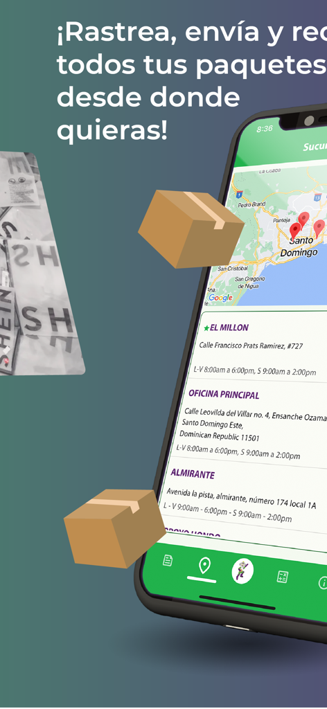 Smartphone screen of Pintopaq app showing shipping office locations in Santo Domingo with floating 3D boxes