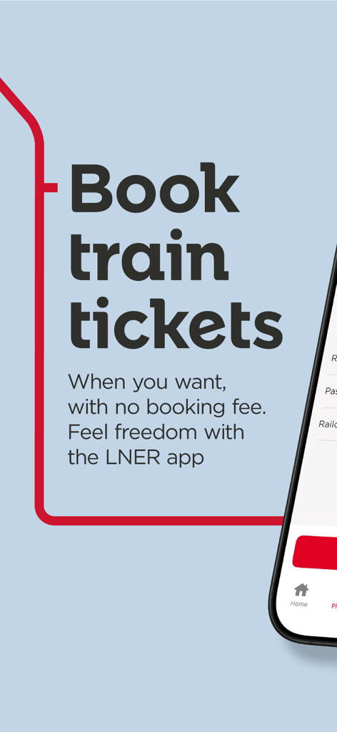 예약 수수료 없는 기차표 예매 옵션을 보여주는 LNER 앱 화면