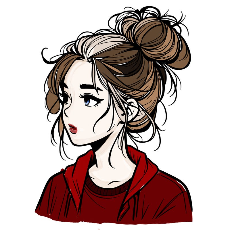 realistic teenage girl with a messy bun