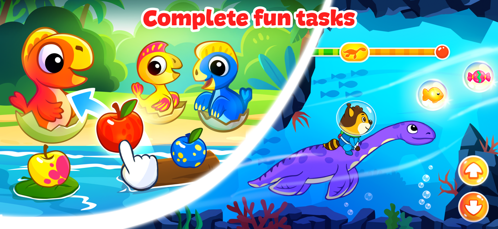 Two game scenes showing a child feeding baby dinosaurs and a raccoon riding a purple dinosaur underwater