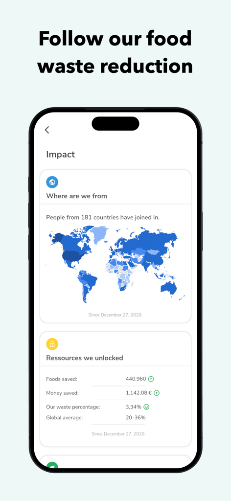 Tela de impacto global mostrando um mapa mundial e estatísticas de alimentos e dinheiro economizados no aplicativo NoWaste.