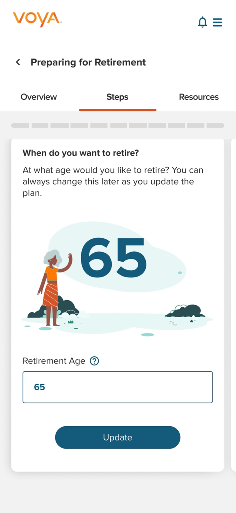 Voya - Voya app screen for setting a retirement age goal with an illustration and input field showing sixty five