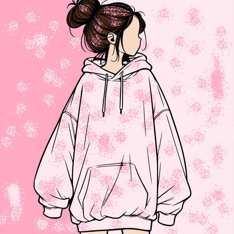 realistic girl with a oversized sweatshirt on and a bun