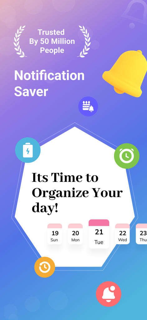 Notisave : History Log - Notisave app screen displaying notification saver features and daily task organization tools with utility icons