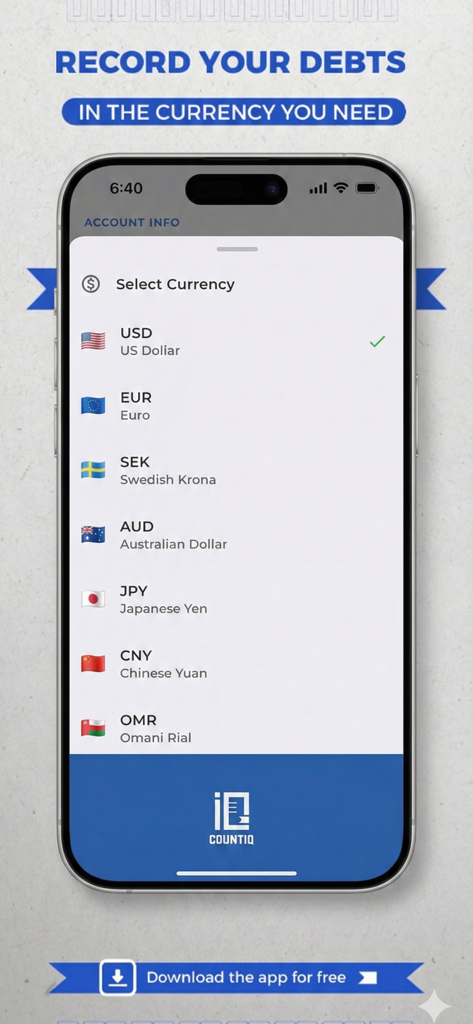 CountiQ Finance - Écran de l'application CountiQ Finance affichant une liste de devises mondiales pour le suivi des dettes multidevises.