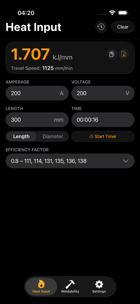 Welding Toolbox 2 - Welding Toolbox 2 app interface showing the heat input calculator with fields for amperage and voltage.