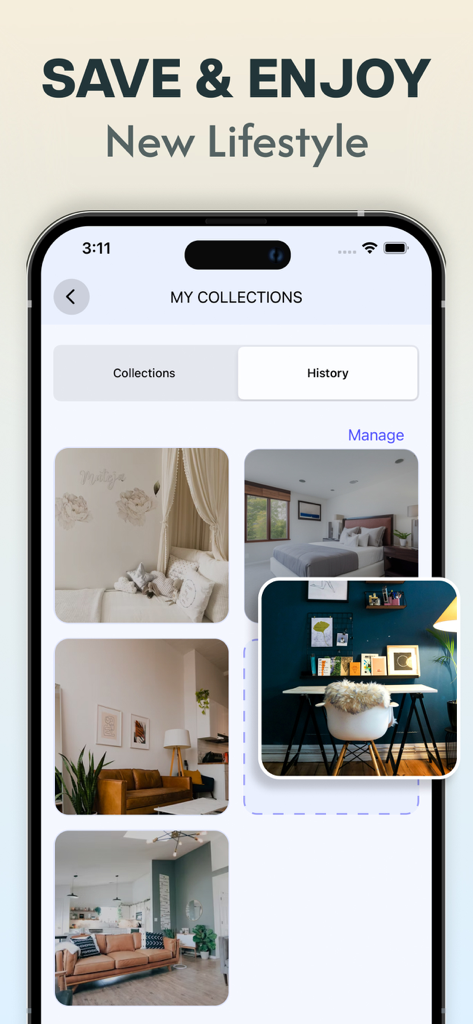 Interior AI Room Home Design - A mobile app interface displaying a collection of saved AI-generated interior design projects including bedrooms and living rooms