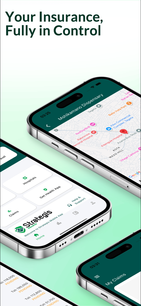 Strategis Insurance - Three smartphones displaying the Strategis Insurance app interface including hospital maps, home dashboard, and pending claims list