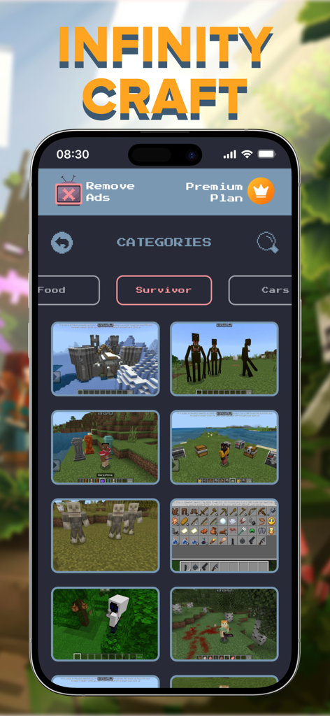 Curseforge Add-Ons for MCPE - Mobile app interface showing the survivor category with various add-ons and mods for Minecraft Pocket Edition