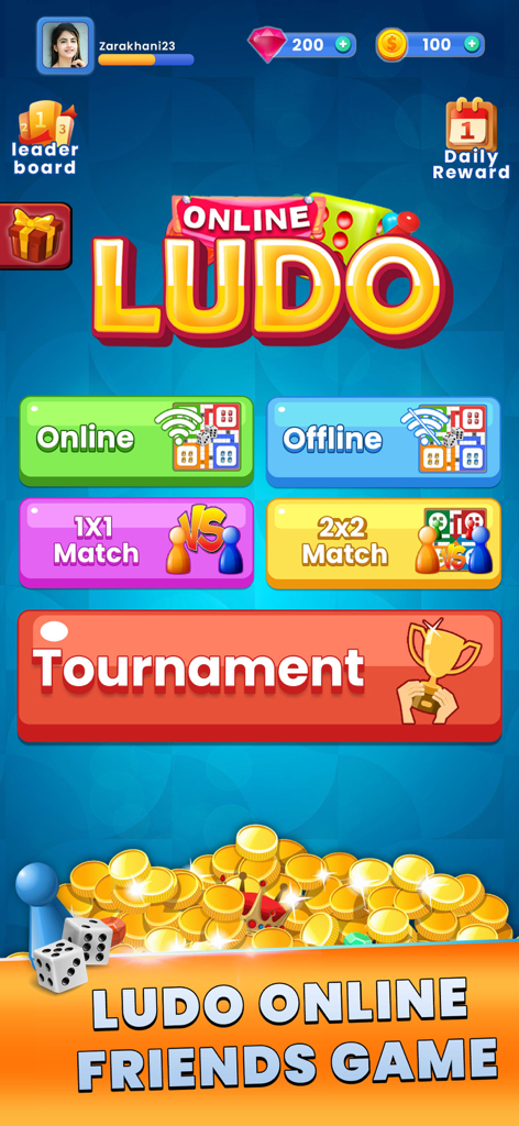 Ludo Online Multiplayer Game - Main menu of Ludo Online Multiplayer Game showing various game modes including online, offline, and tournament