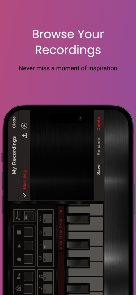 Mobile Org 2025 App-Oberfläche zum Durchsuchen und Verwalten gespeicherter Musikaufnahmen über einer digitalen Tastatur