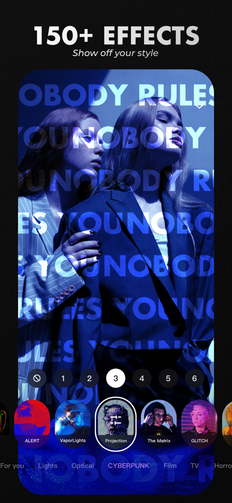 Salad Video -Video Editor - A mobile interface for Salad Video editor showing cyberpunk style filters and text effects on a video of two models.