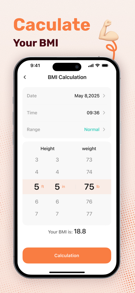 Health Tracker: Heart Rate Log - Interface do aplicativo Health Tracker mostrando a tela de cálculo de IMC com seletores de altura e peso e um resultado calculado.