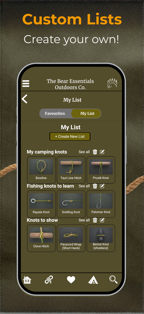 Interface de l'application Knot IQ montrant des listes personnalisées pour organiser les nœuds d'extérieur et utilitaires
