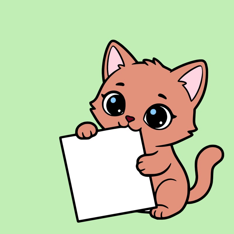 a small cat with a blank sheet of paper in its hand. the cat is sooooooo cute!