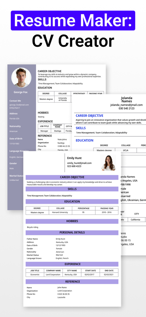 Resume Maker: CV Creator - Muestra de plantillas profesionales de currículums y CV de la aplicación Resume Maker CV Creator.