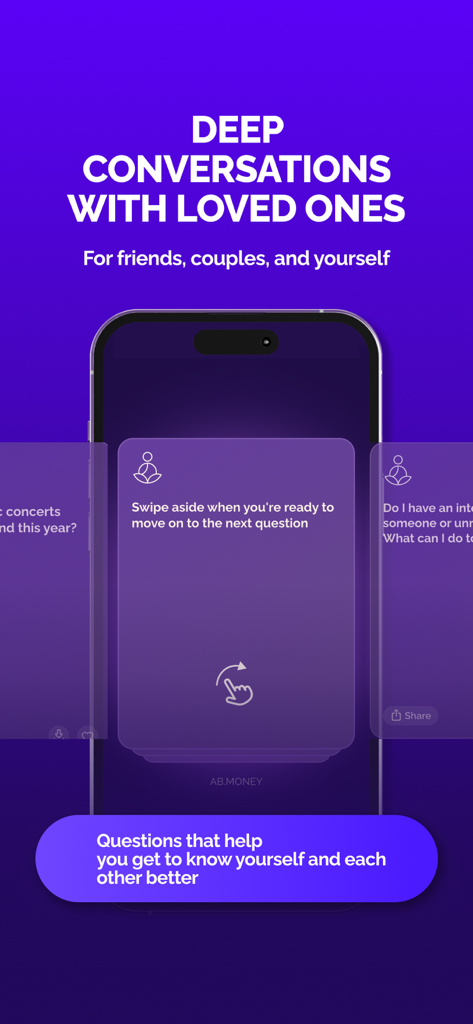 AB.MONEY: meditation & breath - Interface of AB.MONEY app featuring deep conversation questions for self-discovery and relationships.