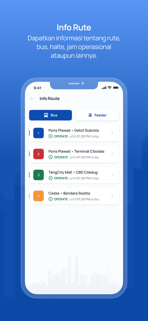 A mobile app screen showing a list of bus routes for Trans Tangerang with real-time operational status and destination names.