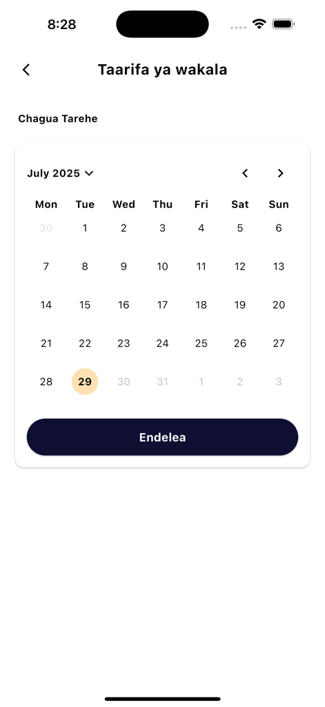 Obus - Obus app interface showing a calendar for date selection and a continue button