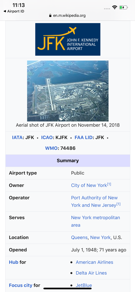Wikipedia summary for John F. Kennedy International Airport showing IATA and ICAO codes within the Airport ID app