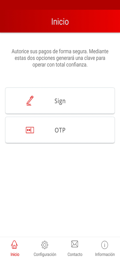 Santander Cash Nexus Sign - Pantalla de inicio de la aplicación móvil Santander Cash Nexus Sign con opciones de Firma y OTP para la autorización segura de transacciones corporativas