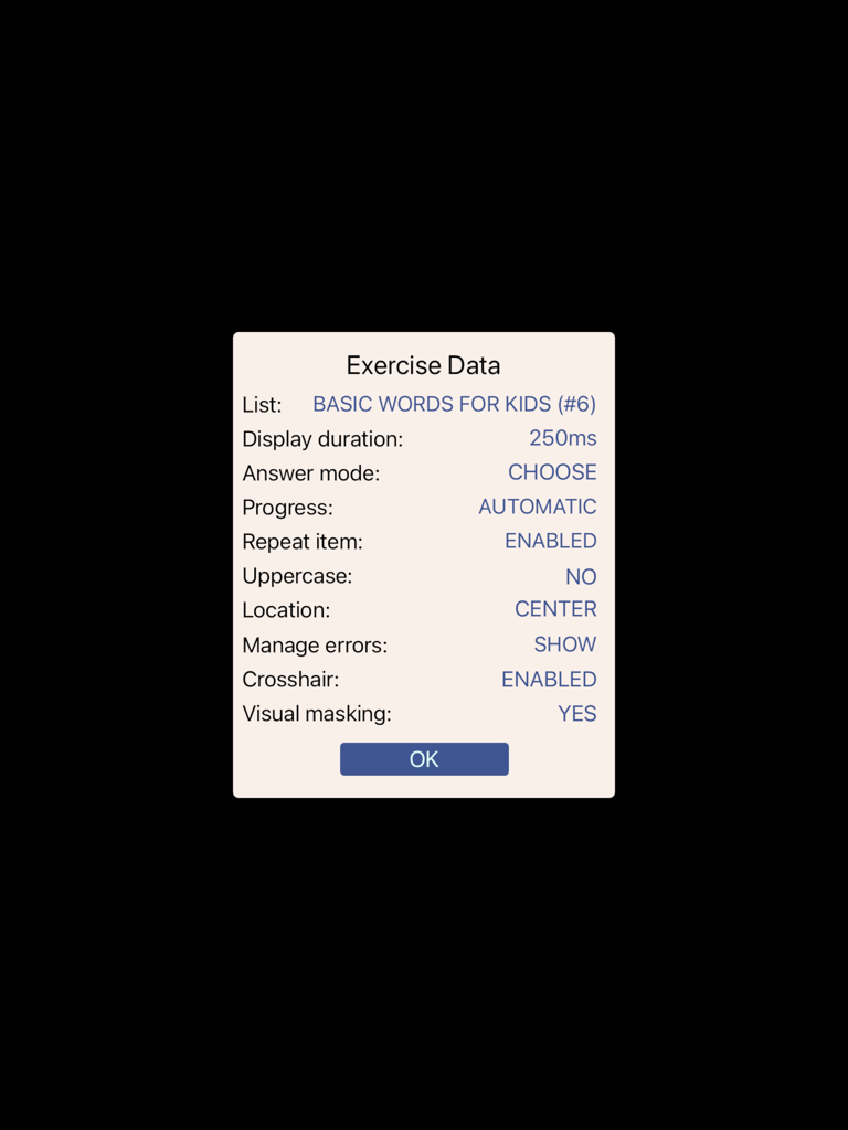 A pop-up window showing exercise data settings including display duration and word list selection for reading rehabilitation