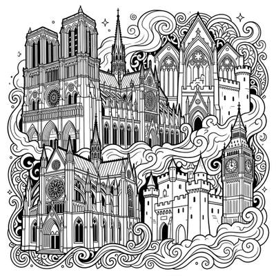 Step into a world of dramatic architecture with this intricate Gothic Monuments coloring page, perfect for teens. Discover majestic cathedrals and mysterious castles nestled amidst swirling patterns, offering a unique blend of history and fantasy.