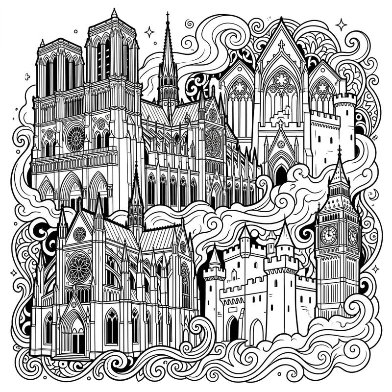 Step into a world of dramatic architecture with this intricate Gothic Monuments coloring page, perfect for teens. Discover majestic cathedrals and mysterious castles nestled amidst swirling patterns, offering a unique blend of history and fantasy.