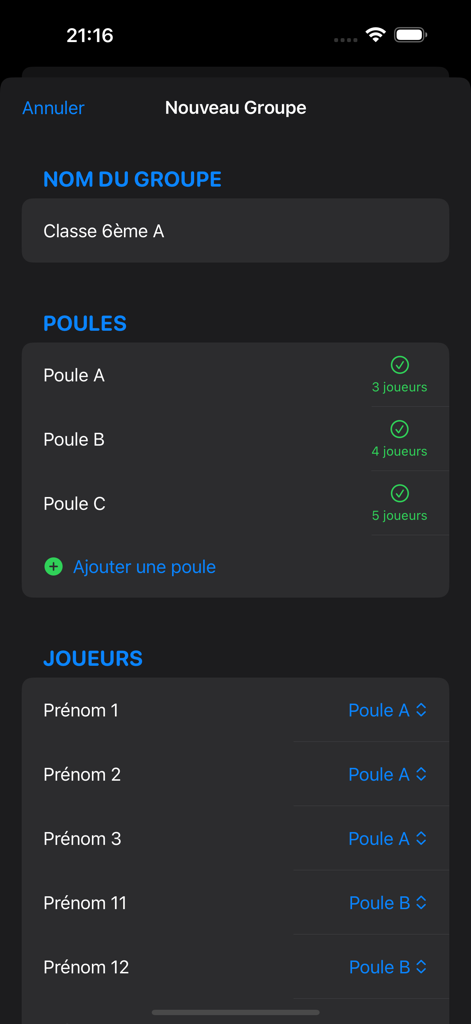 Interfaccia mobile per la creazione di un nuovo gruppo di torneo e l'assegnazione dei giocatori ai gironi.