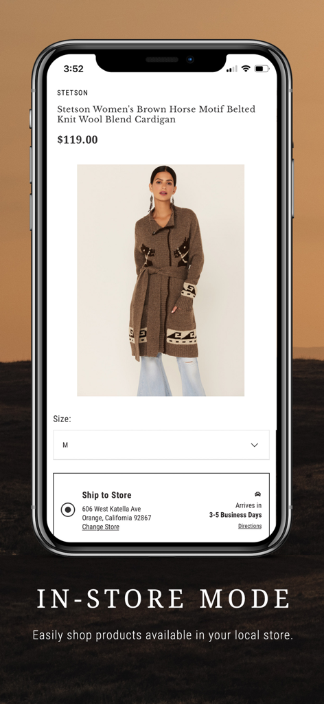 App móvil de Boot Barn mostrando la función Modo Tienda con una página de producto de cárdigan Stetson para mujer