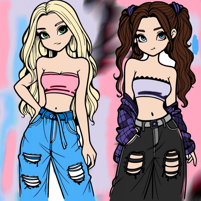 2 girls in crop tops and baggy jeans ripped