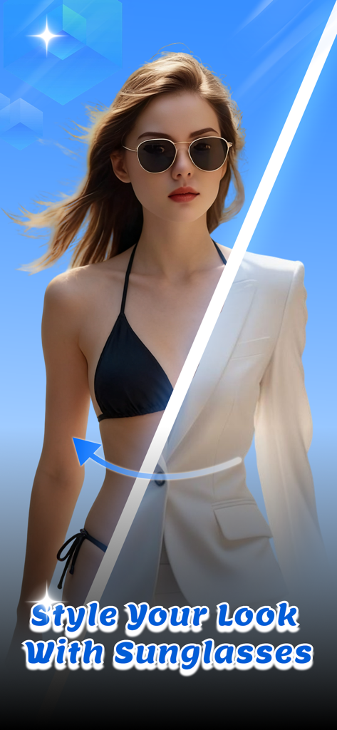 Una mujer usando gafas de sol con la aplicación de prueba virtual Slick - Shade con una comparación de estilos