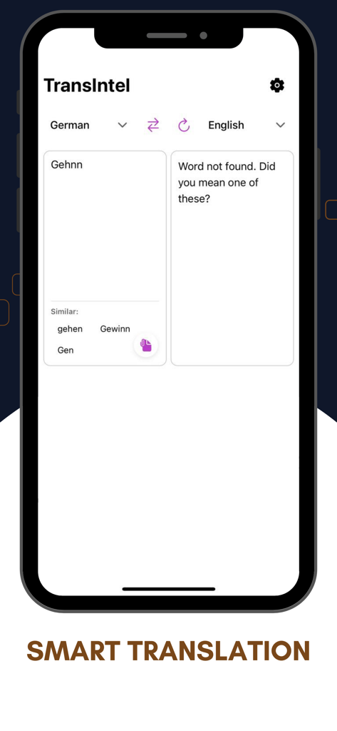 TransIntel - Translation AI - TransIntel translation app interface showing smart translation and spelling suggestions