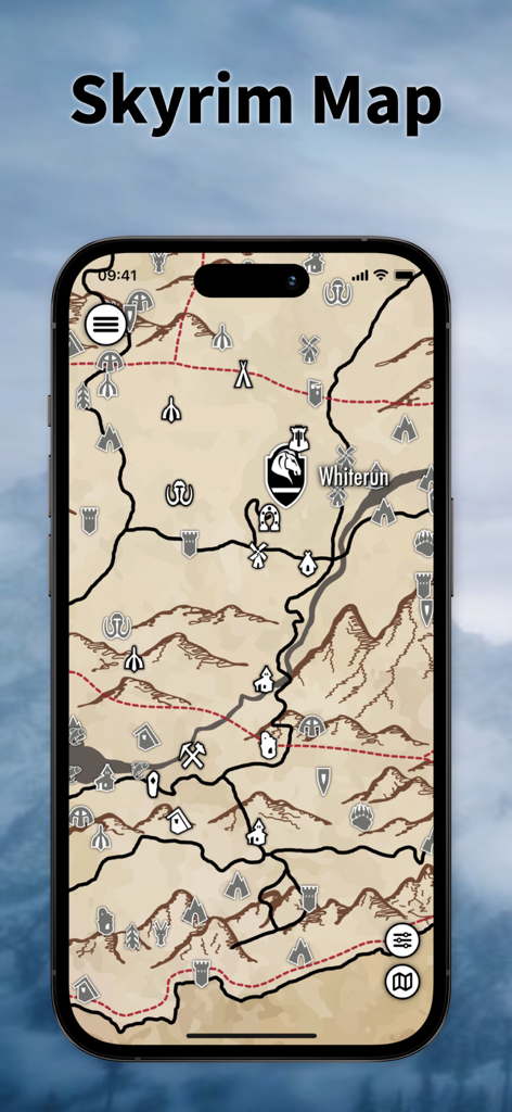 The Elder Scrolls Map - Detailed 2D map of Skyrim on a smartphone screen showing location icons and Whiterun.